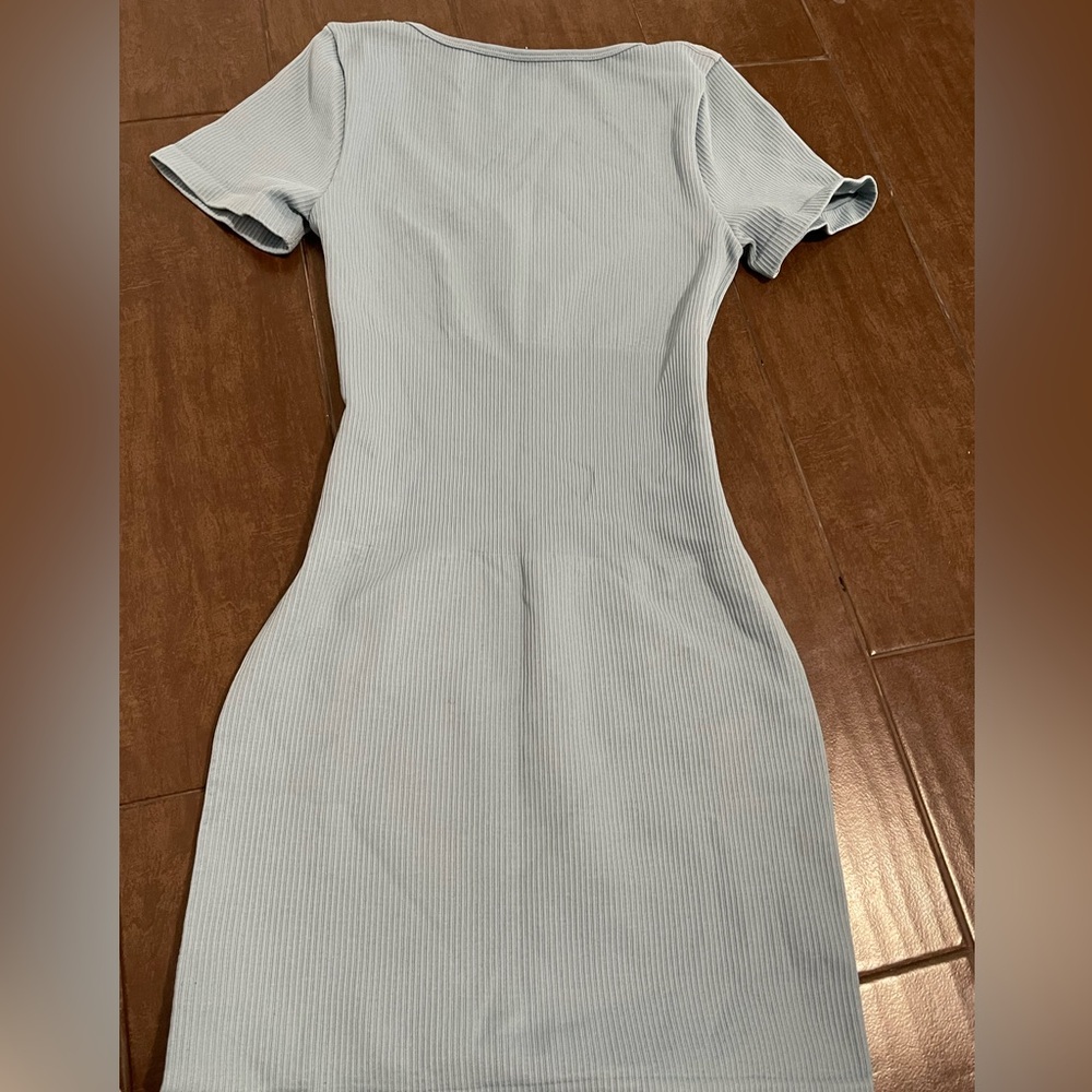 Elegant Sky Blue Ribbed Mini Dress